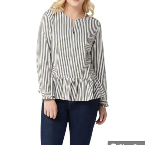 Denim & Co. Yarn Dyed Striped Ruffle Peplum Zip Up Jacket Size L NWOT - Picture 2 of 12